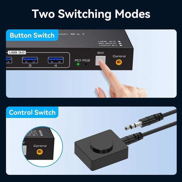 2 Port HDM KVM Switch 2 PC 1 Monitor Support 8K 60Hz 4K 120Hz USB 3.0 HDMI KVM Switch Shares 1 Monitor And 4 USB Devices Such As Mouse Keyboard Includes 2 USB 3.0 Cables And A Wired Controller