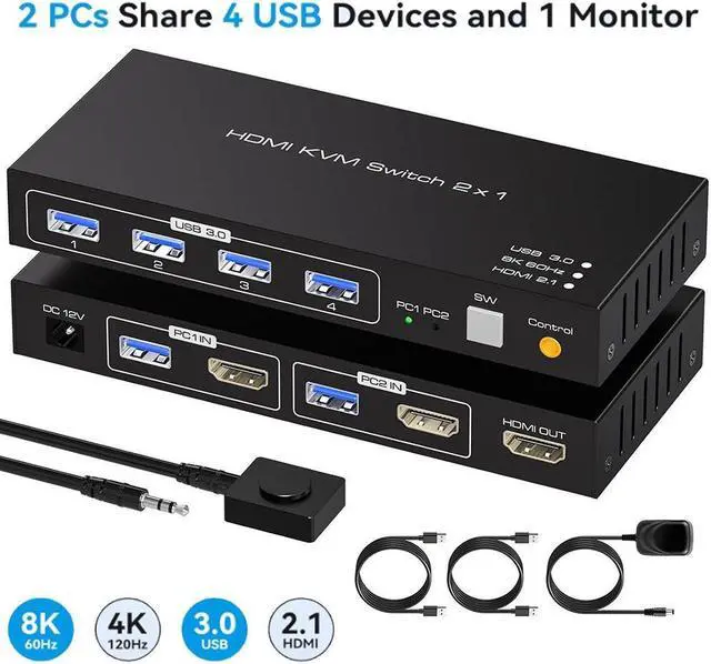 2 Port HDM KVM Switch 2 PC 1 Monitor Support 8K 60Hz 4K 120Hz USB 3.0 HDMI KVM Switch Shares 1 Monitor and 4 USB Devices Such as Mouse Keyboard Includes 2 USB 3.0 Cables and a Wired Controller