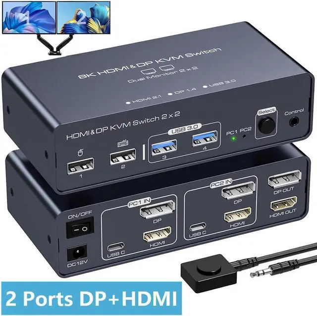 2 Port HDMI+ Displayport Dual Monitor KVM Switch 2 in 2 Out 8K60HZ 4K120HZ Aluminium KVM Switch Dual Monitor 2 Port for 2 Computers Share 2 Monitors and 4 USB Ports Support DP1.4 HDMI2.1