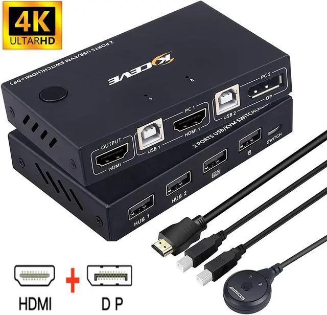 2 Port HDMI +DisplayPort KVM Switch for 2 Computers DP HDMI USB KVM Switch for 2 Computers Share One Set Keyboard Mouse Printer and One Monitor DP Support for 1920*1200 30Hz HDMI Support 4K 30Hz
