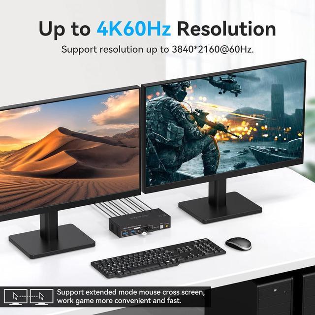 2 Port HDMI Dual Monitor KVM Switch 2 Monitors 2 Computers 4K 60Hz USB 3.0 KVM Switches For 2 PC Or Laptops Share 1 Set Of Keyboard Mouse Printer And Scanner Support Extended & Duplicate Mode
