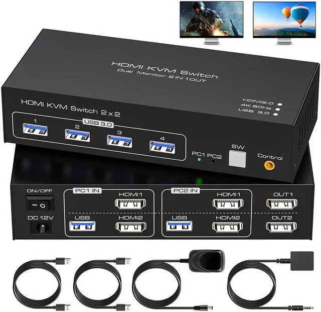 2 Port HDMI Dual Monitor KVM Switch 2 Monitors 2 Computers 4K 60Hz USB 3.0 KVM Switches for 2 PC or Laptops Share 1 Set of Keyboard Mouse Printer and Scanner Support Extended & Duplicate Mode