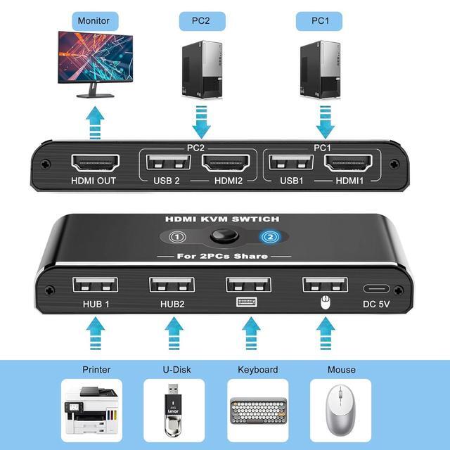 2 Port HDMI KVM Switch 1 Monitors 2 Computers USB HDMI KVM Switches For 2 Computers Share 4 USB Device And 1 Monitor USB Switch 2 Computers Support 4K 60Hz HDMI Switch Keyboard Mouse Switch