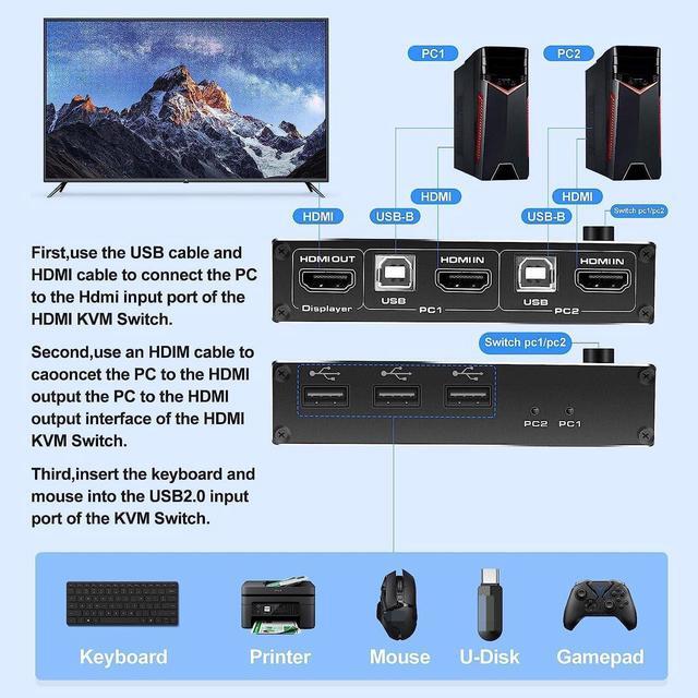 2 Port HDMI KVM Switch 2 In 1 Out 4K 60Hz HDMI USB2.0 KVM Switch For 2 Computers 1 Monitor Share Keyboard Mouse Button Switch Metal Case Button & Hotkey Switch With 2 USB Cables
