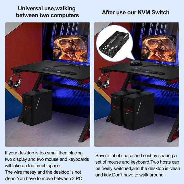 2 Port HDMI KVM Switch 2 In 1 Out 4K 60Hz HDMI USB2.0 KVM Switch For 2 Computers 1 Monitor Share Keyboard Mouse Button Switch Metal Case Button & Hotkey Switch With 2 USB Cables