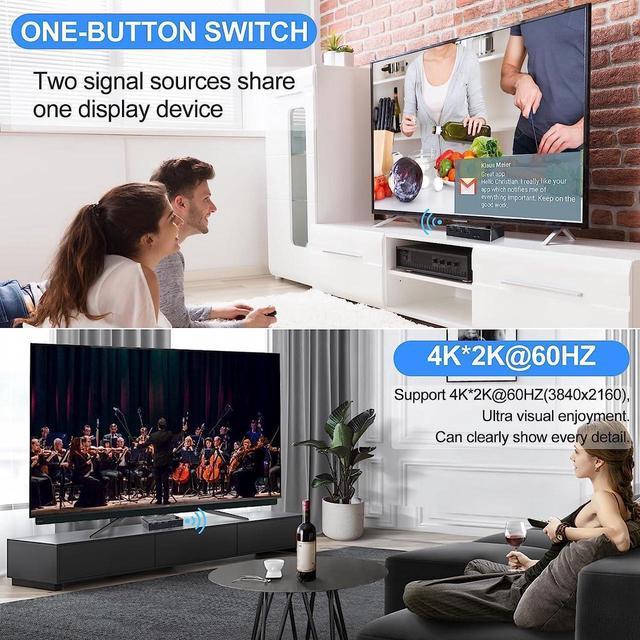 2 Port HDMI KVM Switch 2 In 1 Out 4K 60Hz HDMI USB2.0 KVM Switch For 2 Computers 1 Monitor Share Keyboard Mouse Button Switch Metal Case Button & Hotkey Switch With 2 USB Cables