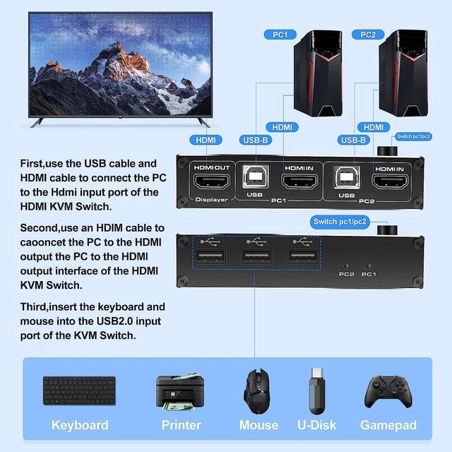 2 Port HDMI KVM Switch 2 In 1 Out 4K 60Hz HDMI USB2.0 KVM Switch For 2 Computers 1 Monitor Share Keyboard Mouse Button Switch Metal Case Button & Hotkey Switch With 2 USB Cables