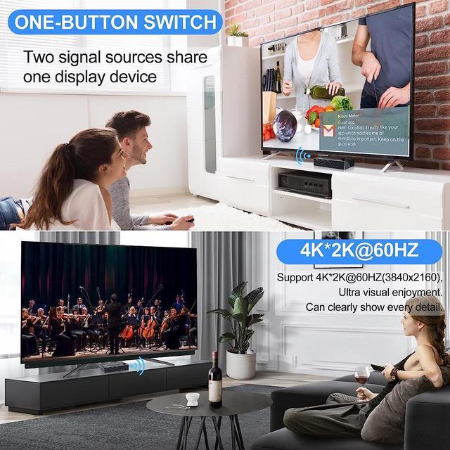 2 Port HDMI KVM Switch 2 In 1 Out 4K 60Hz HDMI USB2.0 KVM Switch For 2 Computers 1 Monitor Share Keyboard Mouse Button Switch Metal Case Button & Hotkey Switch With 2 USB Cables