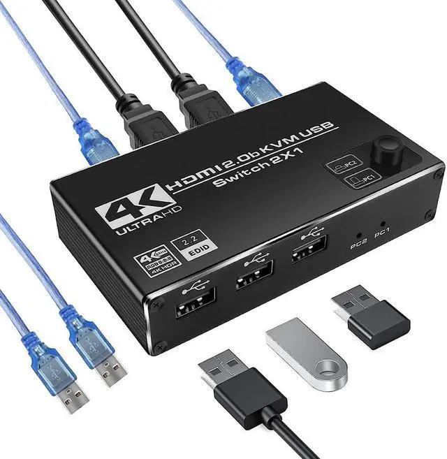 2 Port HDMI KVM Switch 2 in 1 Out 4K 60Hz HDMI USB2.0 KVM Switch for 2 Computers 1 Monitor Share Keyboard Mouse Button Switch Metal Case Button & Hotkey Switch With 2 USB Cables