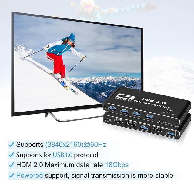 2 Port HDMI KVM Switch 2 In 1 Out 4K 60Hz HDMI2.0 KVM Switch HDMI USB 3.0 KVM Switch With 4 USB 3.0 Ports For 2 Computers Share One Monitor Supporting Wireless Keyboard And Mouse Plug And Play