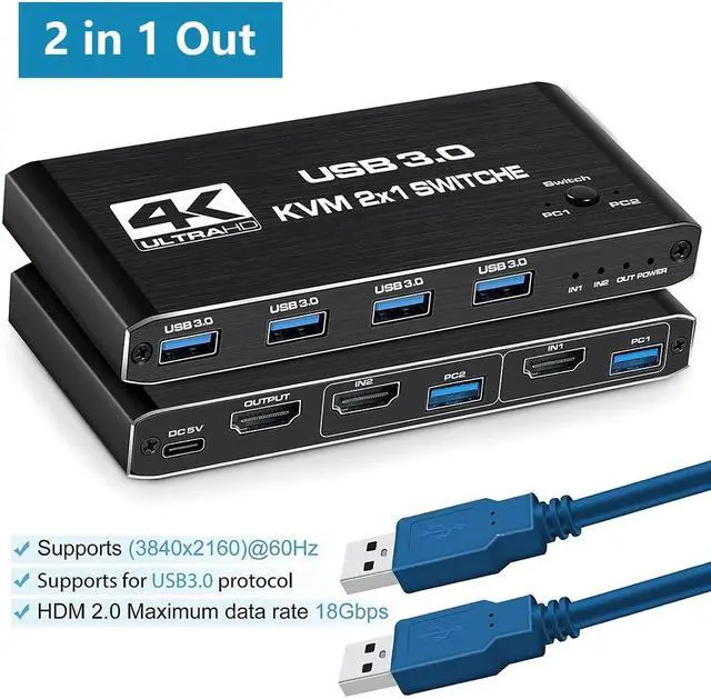2 Port HDMI KVM Switch 2 in 1 Out 4K 60Hz HDMI2.0 KVM Switch HDMI USB 3.0 KVM Switch with 4 USB 3.0 Ports for 2 Computers Share One Monitor Supporting Wireless Keyboard and Mouse Plug and Play