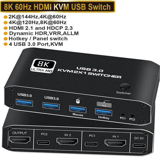 2 Port HDMI KVM Switch 2 in 1 Out 8K USB 3.0 KVM Switch 2x1 HDMI2.1 Ports + 4x USB3.0 KVM Ports Share 2 Computers one Monitor Switch Supports 8K 60Hz 4K 120Hz YUV 4:4:4 HDCP 2.3 H-D-R 10 Hotkey
