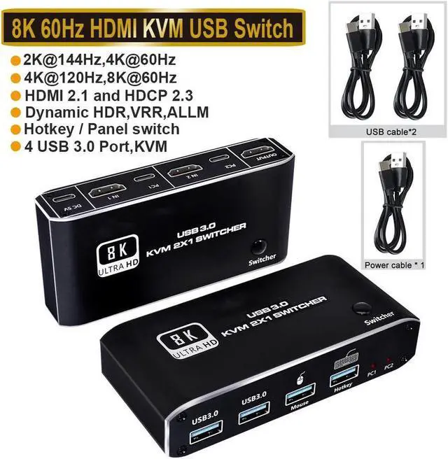 2 Port HDMI KVM Switch 2 in 1 Out HDMI USB 3.0 KVM Switch Selector for 2 Computers 1 Monitor Share Keyboard Printer Scanner Mouse Supports 8K 60Hz YUV 4:4:4 HDCP 2.3 HDR 10 Hotkey Darkish