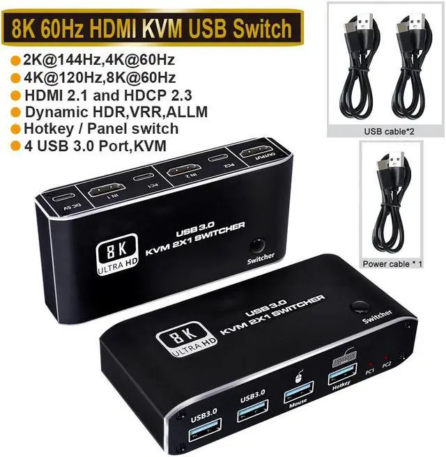 2 Port HDMI KVM Switch 2 in 1 Out HDMI USB 3.0 KVM Switch Selector for 2 Computers 1 Monitor Share Keyboard Printer Scanner Mouse Supports 8K 60Hz YUV 4:4:4 HDCP 2.3 HDR 10 Hotkey Darkish