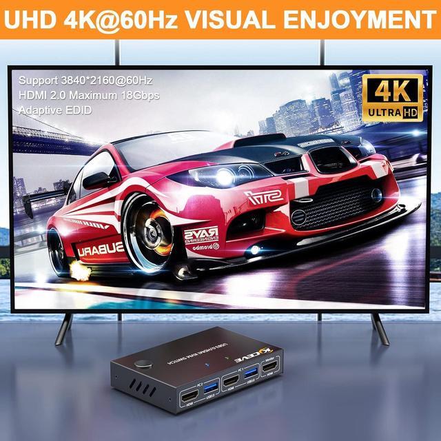2 Port HDMI KVM Switch 2 In 1 Out USB 3.0 HDMI KVM Switch 4K 60Hz 2K 144Hz Simulation EDID For 2 Computers Share 1 Monitor And Keyboard Mouse Printer With Remote And KVM Cables