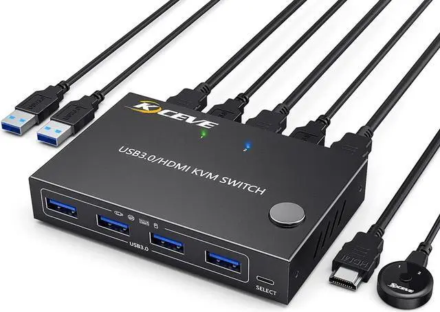 2 Port HDMI KVM Switch 2 in 1 Out USB 3.0 HDMI KVM Switch 4K 60Hz 2K 144Hz Simulation EDID for 2 Computers Share 1 Monitor and Keyboard Mouse Printer with Remote and KVM Cables