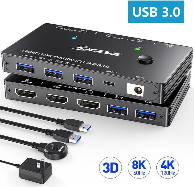 2 Port HDMI KVM Switch 2 in 1 Out USB 3.0 KVM Switch HDMI 8K 60Hz with 3 USB 3.0 Switch for 2 Computers Sharing 1 Monitor Keyboard Mouse with 2 USB Cables Power Adapter and Controller