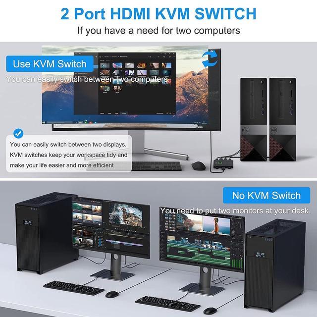 2 Port HDMI KVM Switch 2 In 1 Out USB KVM Switch For 2 Computers Sharing One HD Monitor And Keyboard Mouse Support 4K 60Hz With 2 USB Cable And 2 HD-MI Cable