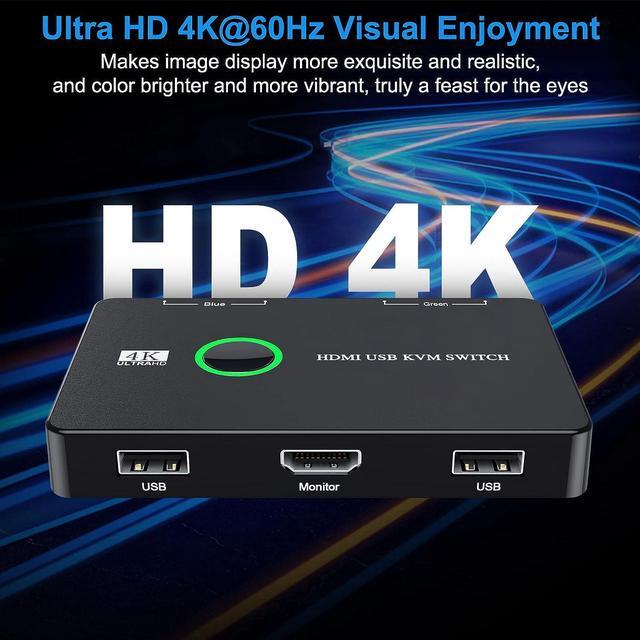 2 Port HDMI KVM Switch 2 In 1 Out USB KVM Switch For 2 Computers Sharing One HD Monitor And Keyboard Mouse Support 4K 60Hz With 2 USB Cable And 2 HD-MI Cable