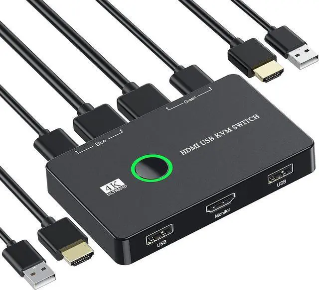 2 Port HDMI KVM Switch 2 in 1 Out USB KVM Switch for 2 Computers Sharing One HD Monitor and Keyboard Mouse Support 4K 60Hz with 2 USB Cable and 2 HD-MI Cable