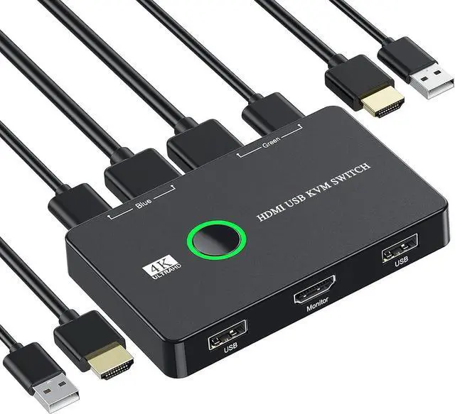 2 Port HDMI KVM Switch 2 in 1 Out USB KVM Switch for 2 Computers Sharing One HD Monitor and Keyboard Mouse Support 4K 60Hz with 2 USB Cable and 2 HD-MI Cable