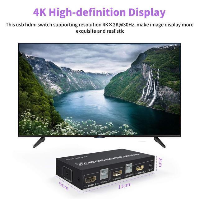 2 Port HDMI KVM Switch 2 In 1 USB HDMI Switch Sharing Keyboard Mouse Printer Monitor Camera Support 4K 30Hz For PC Laptop Xbox HDTV With 2x USB Cable 1x Switch Controller 1 X 5V DC Power Cable