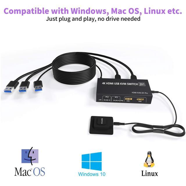2 Port HDMI KVM Switch 2 In 1 USB HDMI Switch Sharing Keyboard Mouse Printer Monitor Camera Support 4K 30Hz For PC Laptop Xbox HDTV With 2x USB Cable 1x Switch Controller 1 X 5V DC Power Cable