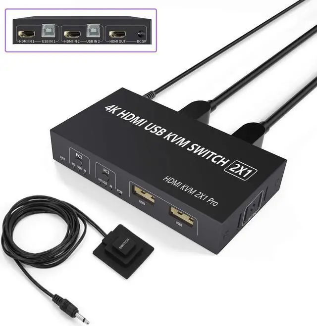 2 Port HDMI KVM Switch 2 in 1 USB HDMI Switch Sharing Keyboard Mouse Printer Monitor Camera Support 4K 30Hz for PC Laptop Xbox HDTV with 2x USB Cable 1x Switch Controller 1 x 5V DC Power Cable