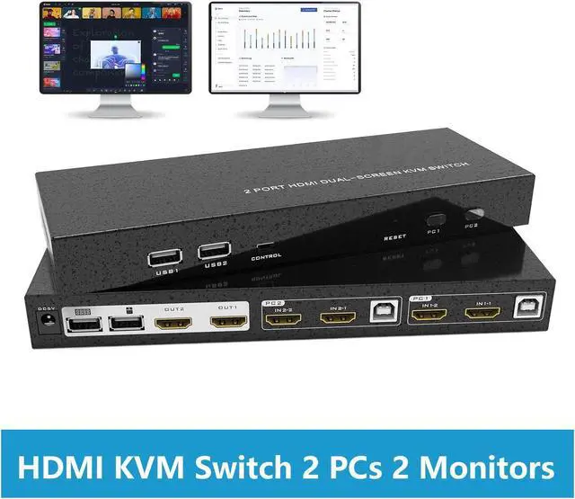 2 Port HDMI KVM Switch 2 Monitors 2 Computers 4K 60Hz Dual Monitor HDMI KVM Switch 2 in 2 Out for 2 Computers Share 2 Monitors 4 USB 2.0 Hub Hotkey Buttons EDID (HDMI & USB Cables Included)