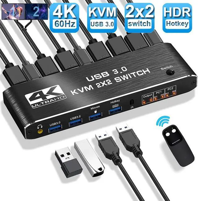 2 Port HDMI KVM Switch 2 Monitors 2 Computers 4K 60Hz Dual Monitor HDMI KVM Switch USB 3.0 KVM Switch 2 in 2 Out with USB Cables Support USB 3.0 HDCP2.2 Hotkey Extended And Mirror Display