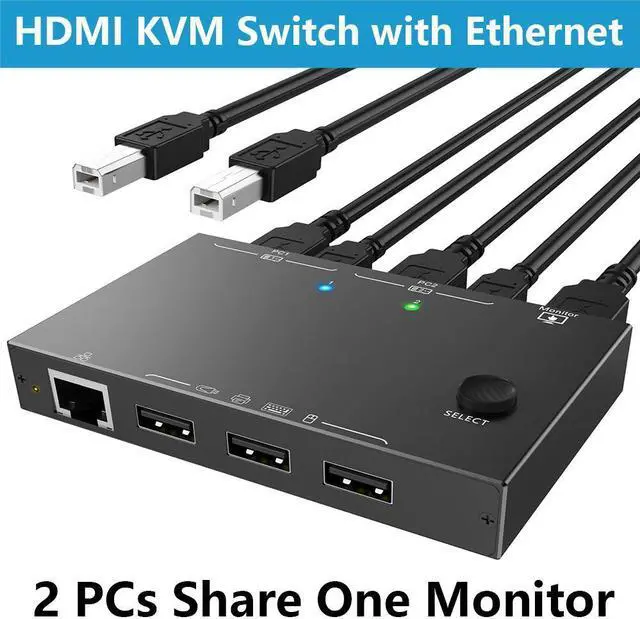 2 Port HDMI KVM Switch 2 PC 1 Monitor 4K 60Hz 2K 144Hz 2 in 1 Out HDMI KVM Switch with Ethernet and 4 USB 2.0 ports for 2 PC Sharing 1 Monitor and keyboard mouse printer U disk with 2 USB cables