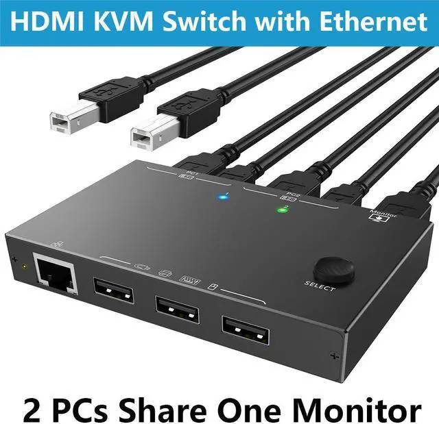 2 Port HDMI KVM Switch 2 PC 1 Monitor 4K 60Hz 2K 144Hz 2 in 1 Out HDMI KVM Switch with Ethernet and 4 USB 2.0 ports for 2 PC Sharing 1 Monitor and keyboard mouse printer U disk with 2 USB cables