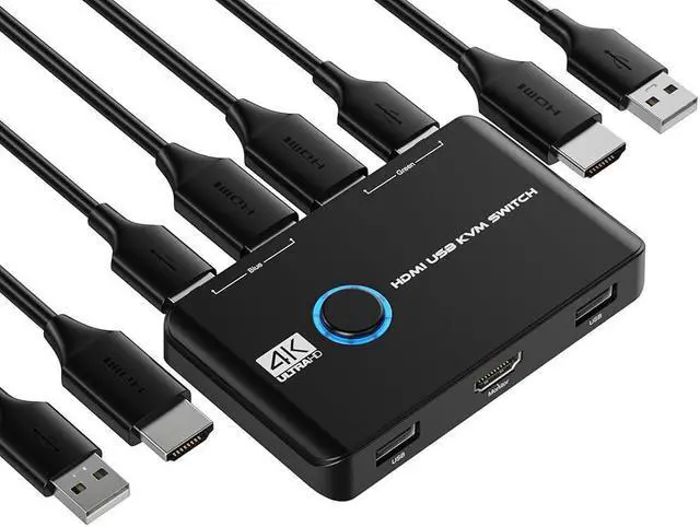 2 Port HDMI KVM Switch 4K 60Hz KVM Switch 1 Monitors 2 Computers HDMI KVM Switches for 2 Computers Sharing 1 Monitor and Keyboard Mouse Button Switch Plug and Play 2 HD-MI Cables and 2 USB Cables