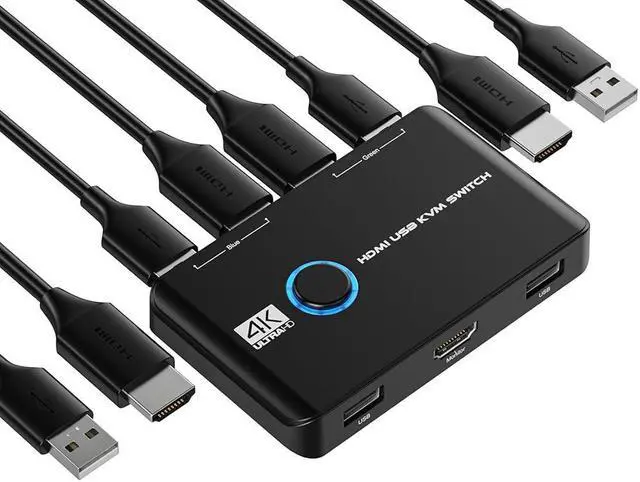2 Port HDMI KVM Switch 4K 60Hz KVM Switch 1 Monitors 2 Computers HDMI KVM Switches for 2 Computers Sharing 1 Monitor and Keyboard Mouse Button Switch Plug and Play 2 HD-MI Cables and 2 USB Cables