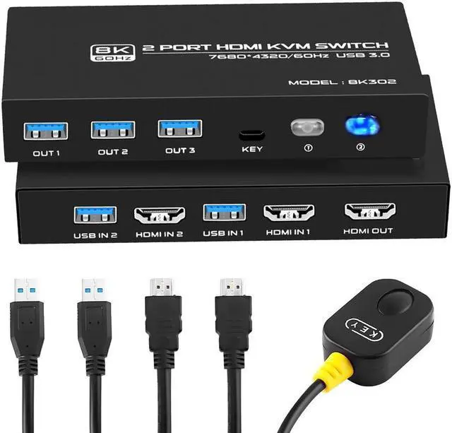 2 Port HDMI KVM Switch 8K 60Hz 2 in 1 Out HDMI KVM Switch for 2 Computer Share 1 HD Monitor and 3 USB 3.0 Devices Support HDR 3D Vision HDCP2.2 Including 2 HMDI 2.1 Cables & 2 USB 3.0 Cables