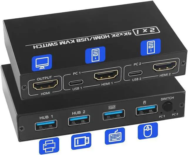 2 Port HDMI KVM Switch for 2 Computers 1 Monitor 2 in 1 Out KVM Switch HDMI 4K 30Hz KVM Switch for 2 PC Share 1 Monitor and USB Wireless Keyboard Mouse Printer with 2 USB 2.0 Cables