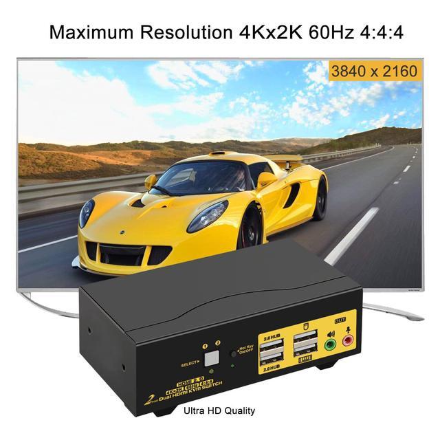 2 Port HDMI KVM Switch HDMI Dual Monitor 4K 60Hz YUV 4:4:4 With Audio Outputs KVM Switch For 2 Computers 2 Monitors With USB 2.0 HUB And Cables