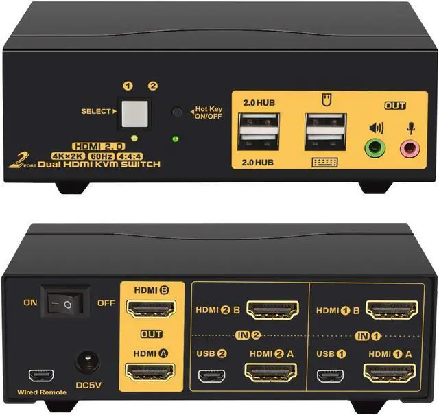 2 Port HDMI KVM Switch HDMI Dual Monitor 4K 60Hz YUV 4:4:4 with Audio Outputs KVM Switch for 2 Computers 2 Monitors with USB 2.0 HUB and Cables