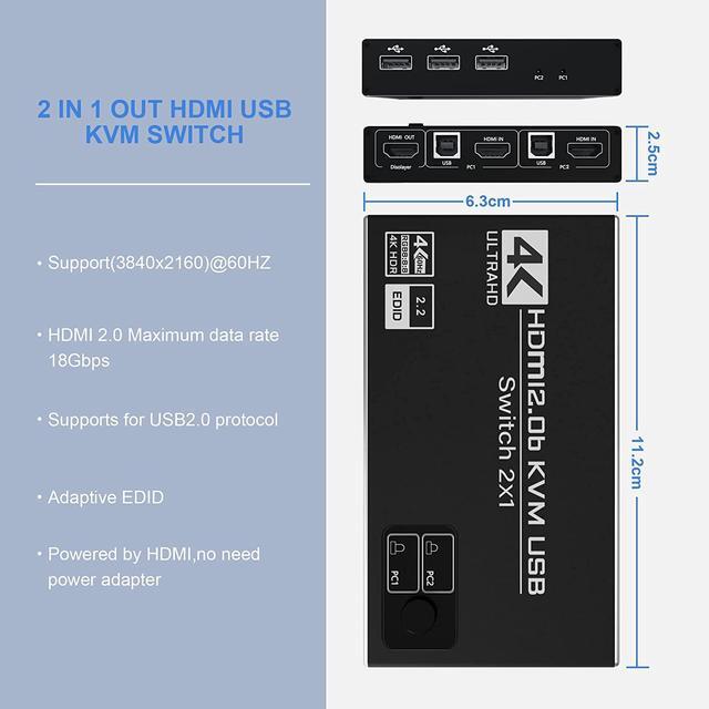 2 Port HDMI KVM Switch USB HDMI Switch 4K With 3x USB 2.0 Hub 4K 60Hz 2 In 1 Out HDMI KVM Switch 2 PC 1 Monitor KVM USB Switch Ultra HD With 2 USB Cables