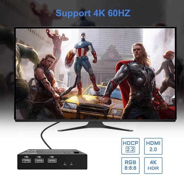 2 Port HDMI KVM Switch USB HDMI Switch 4K With 3x USB 2.0 Hub 4K 60Hz 2 In 1 Out HDMI KVM Switch 2 PC 1 Monitor KVM USB Switch Ultra HD With 2 USB Cables