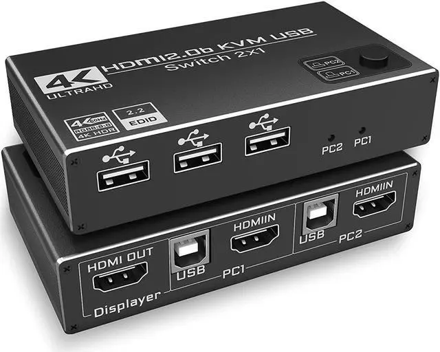 2 Port HDMI KVM Switch USB HDMI Switch 4K with 3x USB 2.0 Hub 4K 60Hz 2 in 1 Out HDMI KVM Switch 2 PC 1 Monitor KVM USB switch Ultra HD with 2 USB cables