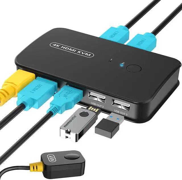 2 Port HDMI KVM Switch USB Selector for 2 Computers Sharing Mouse Keyboard Printer to One 4K HD Monitor KVM Switch HDMI 2 in 1 Out Wired Controller & HDMI KVM Cables Included