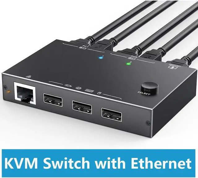 2 Port HDMI KVM Switch with Ethernet HDMI KVM Switch 2 in 1 Out 4K 60Hz HDMI KVM Switches for 2 Computers Share 1 Monitor and 3 USB Devices Keyboard Mouse Ethernet Network KVM Switcher