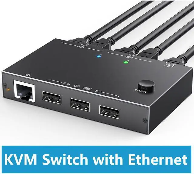 2 Port HDMI KVM Switch with Ethernet HDMI KVM Switch 2 in 1 Out 4K 60Hz HDMI KVM Switches for 2 Computers Share 1 Monitor and 3 USB Devices Keyboard Mouse Ethernet Network KVM Switcher