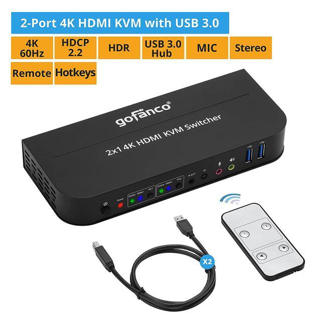 2 Port HDMI KVM Switch With USB 3.0 4K 60Hz 4:4:4 18Gbps HDR 3D HDCP 2.2/1.4 USB Keyboard/Mouse USB 3.0 Hub MIC In Stereo Out IR Remote Hotkeys (KVMHD2-2P)