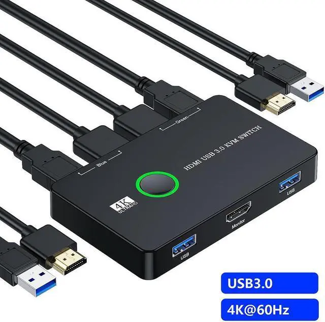 2 Port HDMI USB 3.0 Switch 4K HDMI KVM Switch for 2 Computers Share One Monitor Keyboard Mouse and Printer Support UHD 4K 60Hz Compatibile for Windows 10/8/8.1/7/Vista/XP Mac OS Linux etc