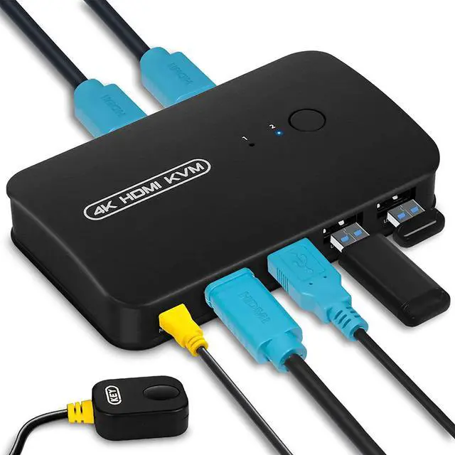 2 Port HDMI USB KVM Switch Selector for 2 Computers Share Keyboard Mouse Printer and One HD 4K Monitor with Wired Controller and 2 KVM Cables