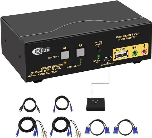 2 Port HDMI + VGA Dual Monitor KVM Switch with Audio Microphone USB 2.0 Hub and Cables Support 4Kx2K 30Hz