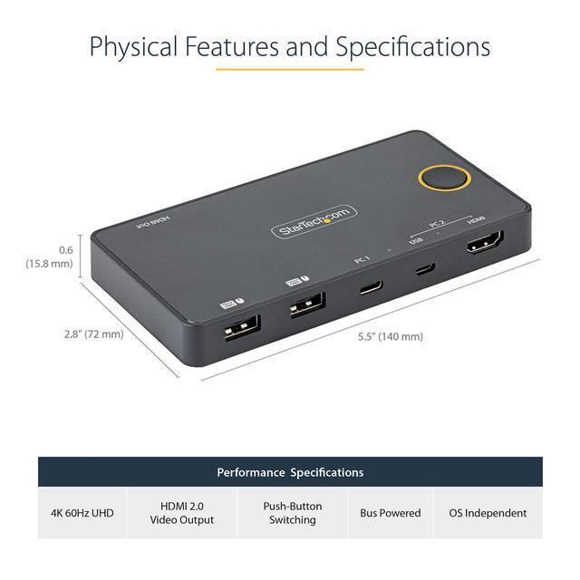 2 Port Hybrid USB-A + HDMI & USB-C KVM Switch Single 4K 60Hz HDMI 2.0 Monitor Compact Desktop And/or Laptop HDMI KVM Switch USB Bus Powered Thunderbolt 3 Compatible - 2 Port HDMI KVM Switch
