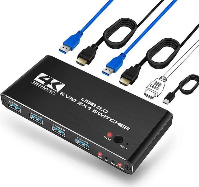 2 Port KVM Switch HDMI Box 2 in 1 Out USB HDMI Switch 4K 60Hz with HDMI 2.0 cables and USB 3.0 cables Supports two PCs Shared with One set Monitor Keyboard and Mouse